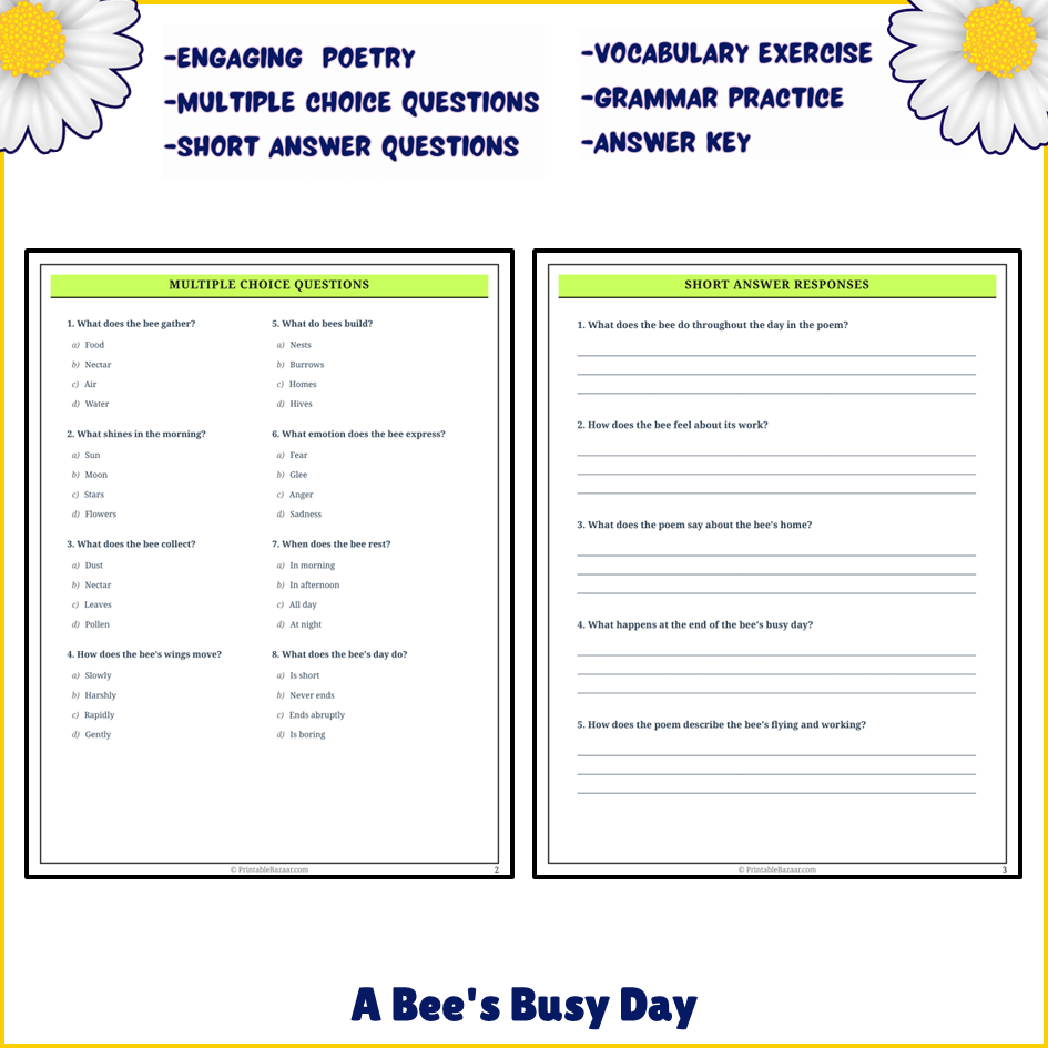 A Bee's Busy Day | Poem Grammar Worksheet Printable Activity