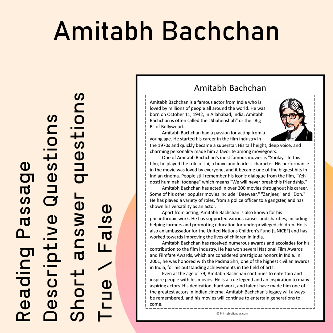 Amitabh Bachchan | Reading Comprehension Passage Printable Activity