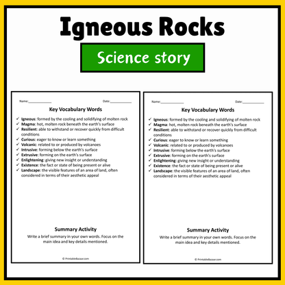 Igneous Rocks | Science Story Reading Comprehension Activity
