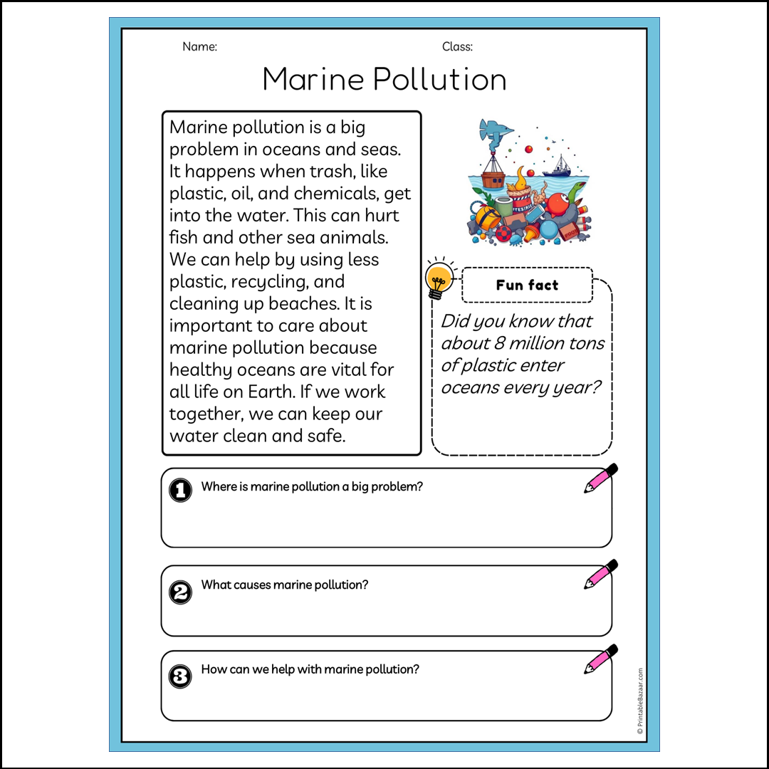 Marine Pollution | Reading Passage Comprehension Questions Writing Facts Worksheet
