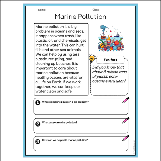 Marine Pollution | Reading Passage Comprehension Questions Writing Facts Worksheet