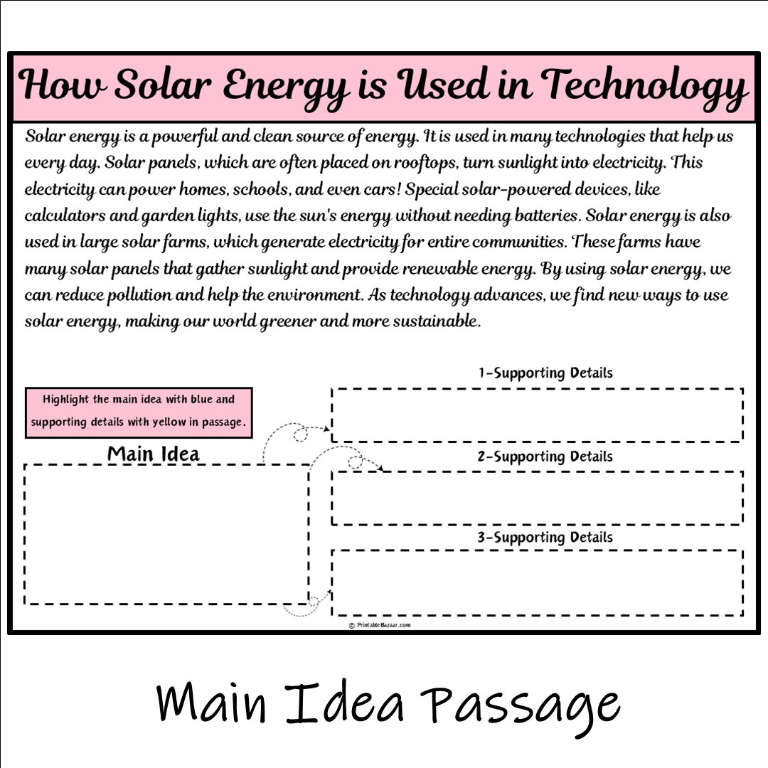 How Solar Energy is Used in Technology | Main Idea and Supporting Details Reading Passage and Questions