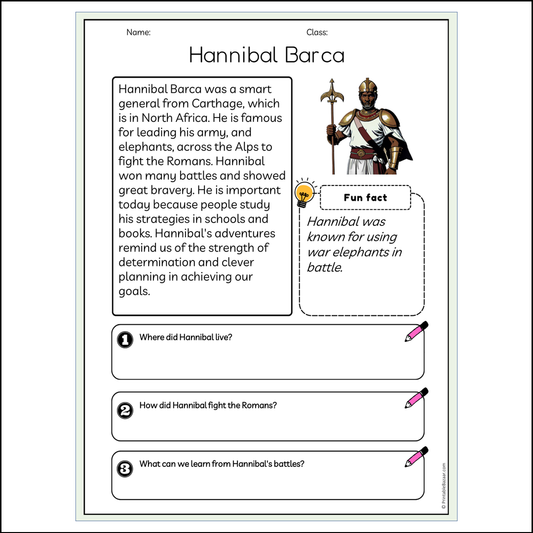 Hannibal Barca | Reading Passage Comprehension Questions Writing Facts Worksheet