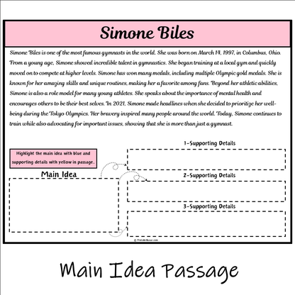 Simone Biles | Main Idea and Supporting Details Reading Passage and Questions