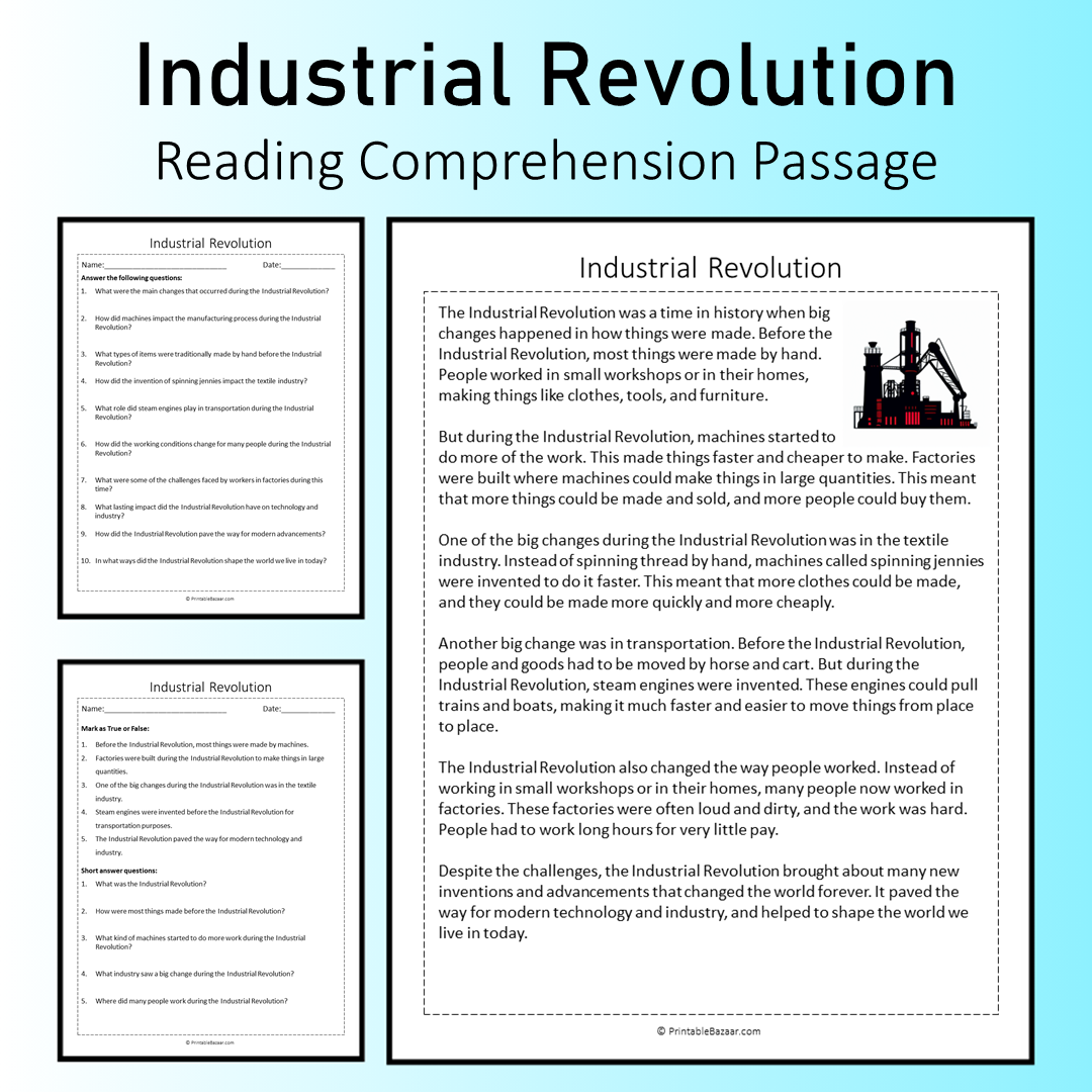 Industrial Revolution | Reading Comprehension Passage Printable Worksheet