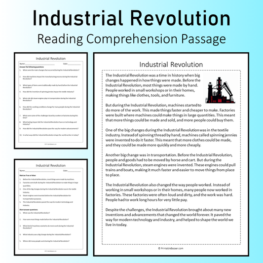 Industrial Revolution | Reading Comprehension Passage Printable Worksheet