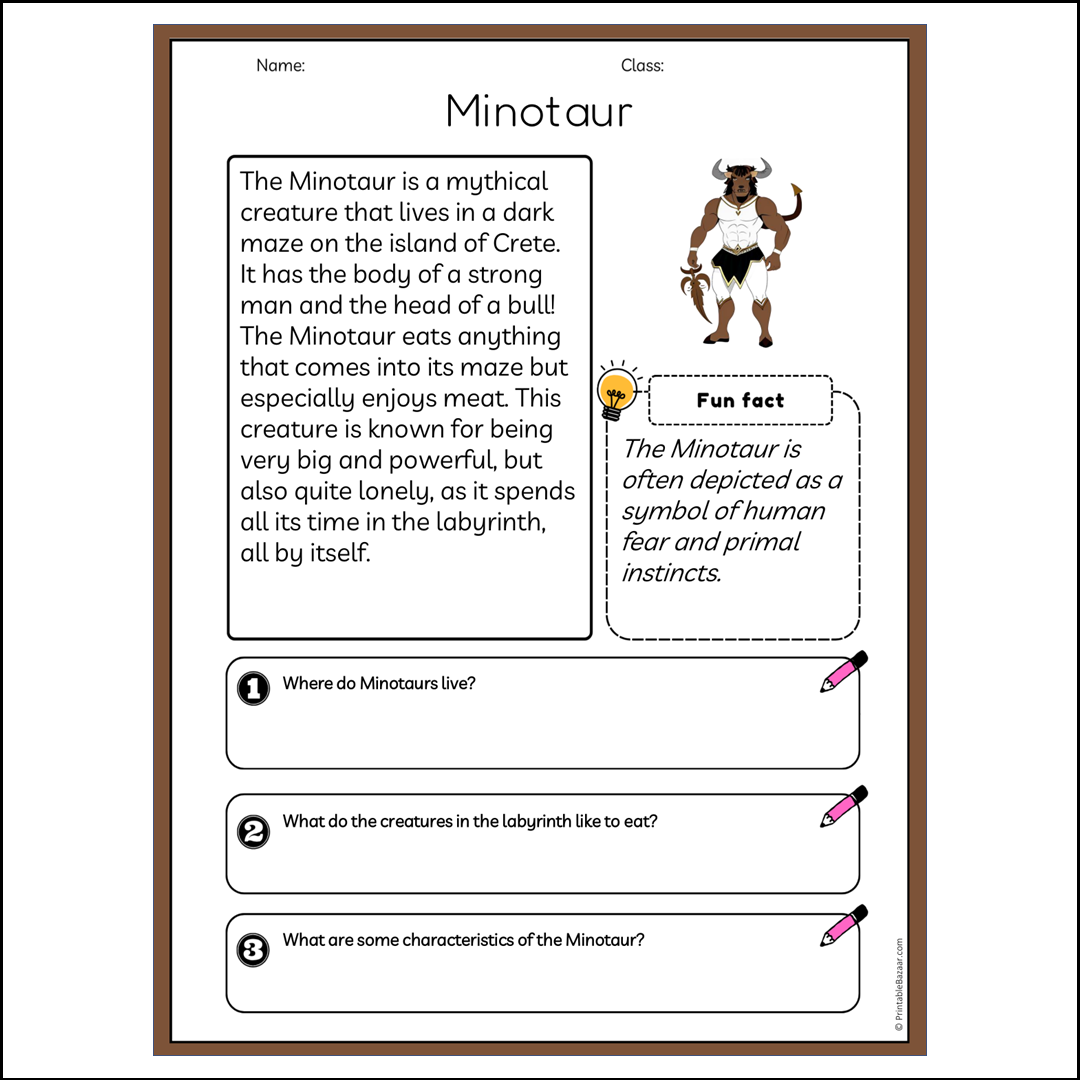 Minotaur | Reading Passage Comprehension Questions Writing Facts Worksheet