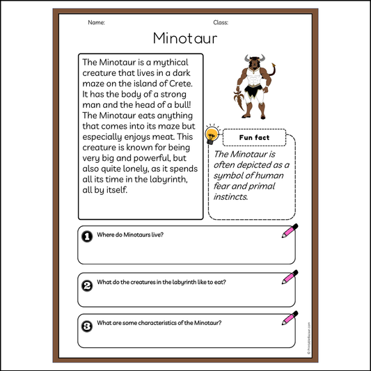 Minotaur | Reading Passage Comprehension Questions Writing Facts Worksheet