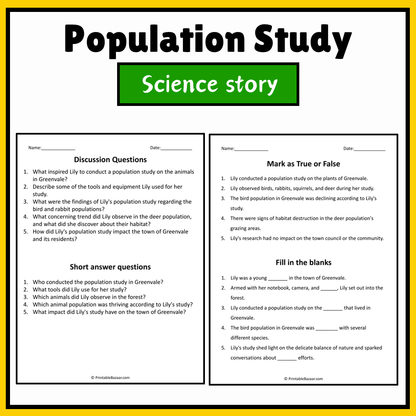 Population Study | Science Story Reading Comprehension Activity