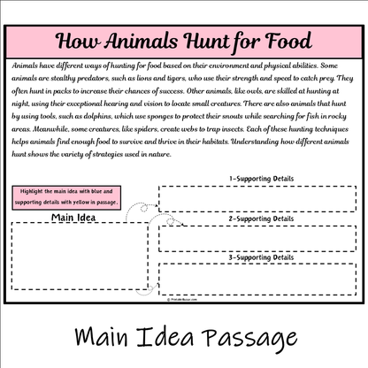 How Animals Hunt for Food | Main Idea and Supporting Details Reading Passage and Questions