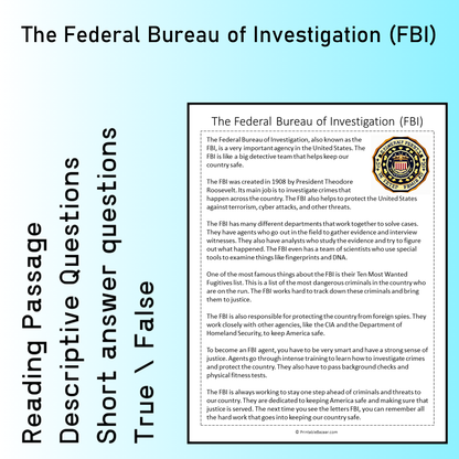 The Federal Bureau of Investigation (FBI) | Reading Comprehension Passage Printable Worksheet