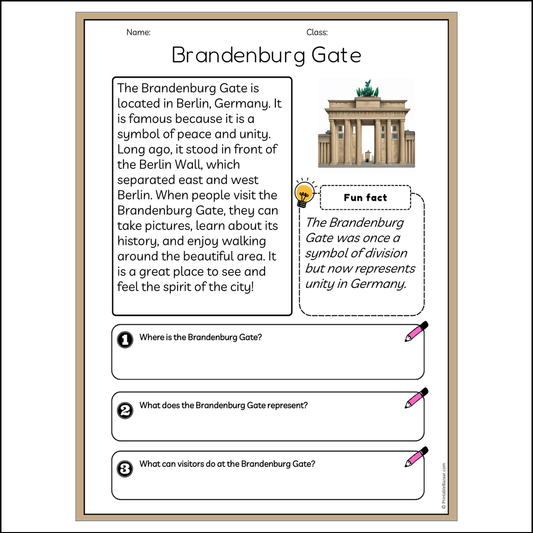 Brandenburg Gate | Reading Passage Comprehension Questions Writing Facts Worksheet