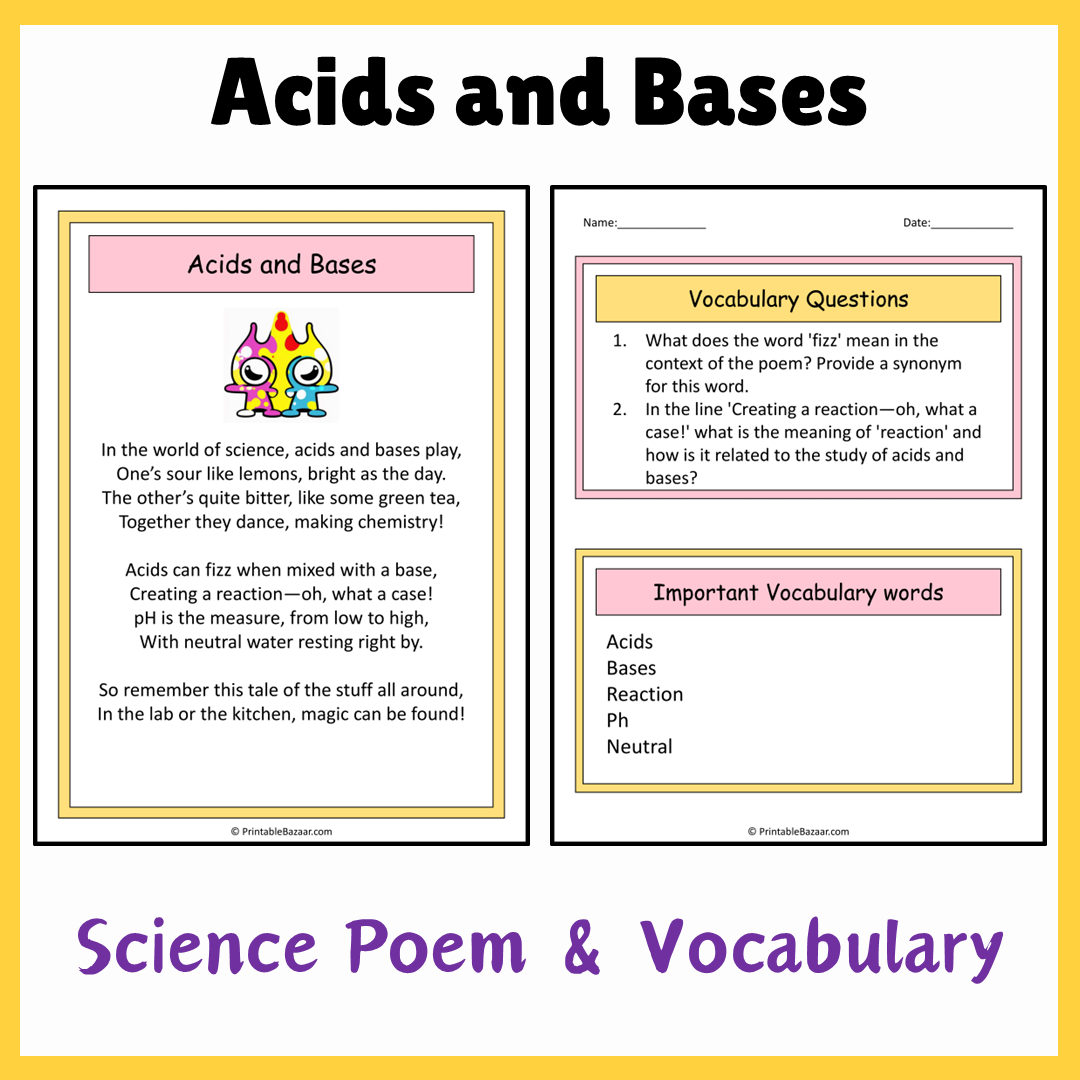 Acids and Bases | Science Poem Reading Comprehension Activity