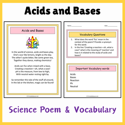 Acids and Bases | Science Poem Reading Comprehension Activity