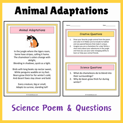 Animal Adaptations | Science Poem Reading Comprehension Activity