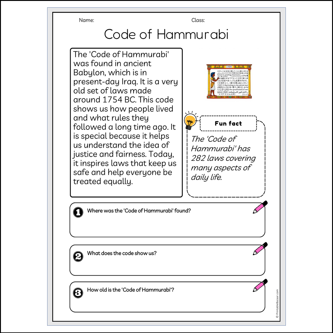 Code of Hammurabi | Reading Passage Comprehension Questions Writing Facts Worksheet