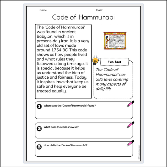 Code of Hammurabi | Reading Passage Comprehension Questions Writing Facts Worksheet