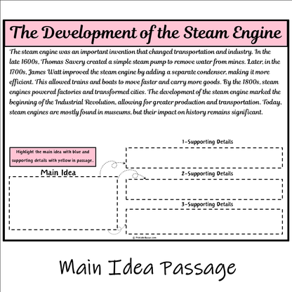 The Development of the Steam Engine | Main Idea and Supporting Details Reading Passage and Questions