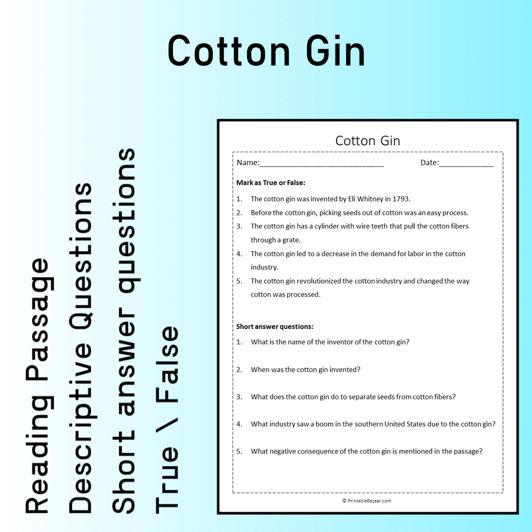 Cotton Gin | Reading Comprehension Passage Printable Worksheet