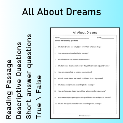 All About Dreams | Reading Comprehension Passage Printable Worksheet