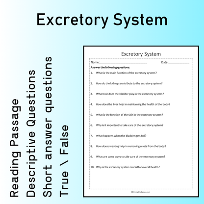 Excretory System | Reading Comprehension Passage Printable Worksheet