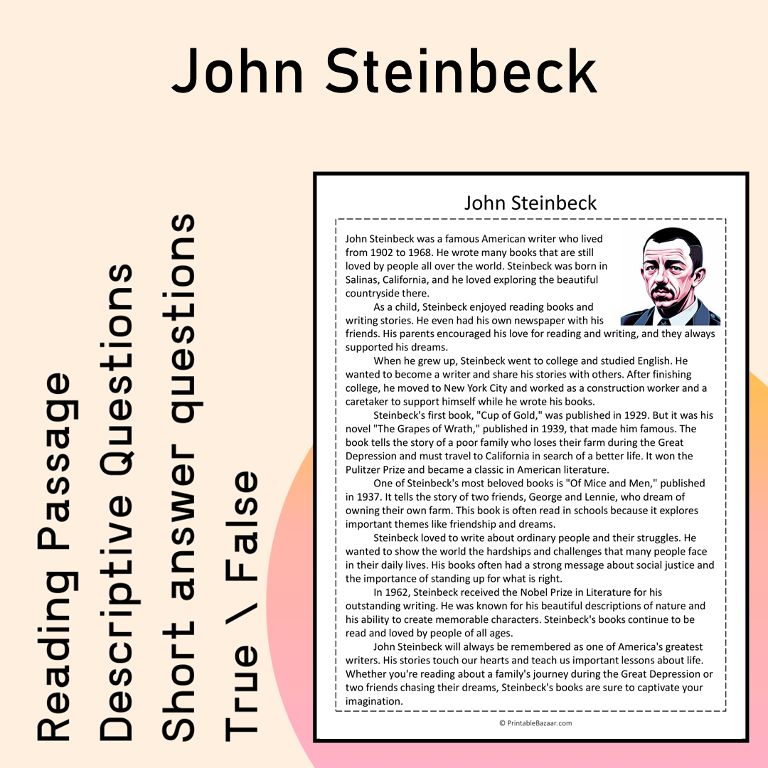 John Steinbeck | Reading Comprehension Passage Printable Activity