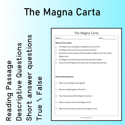 The Magna Carta | Reading Comprehension Passage Printable Worksheet