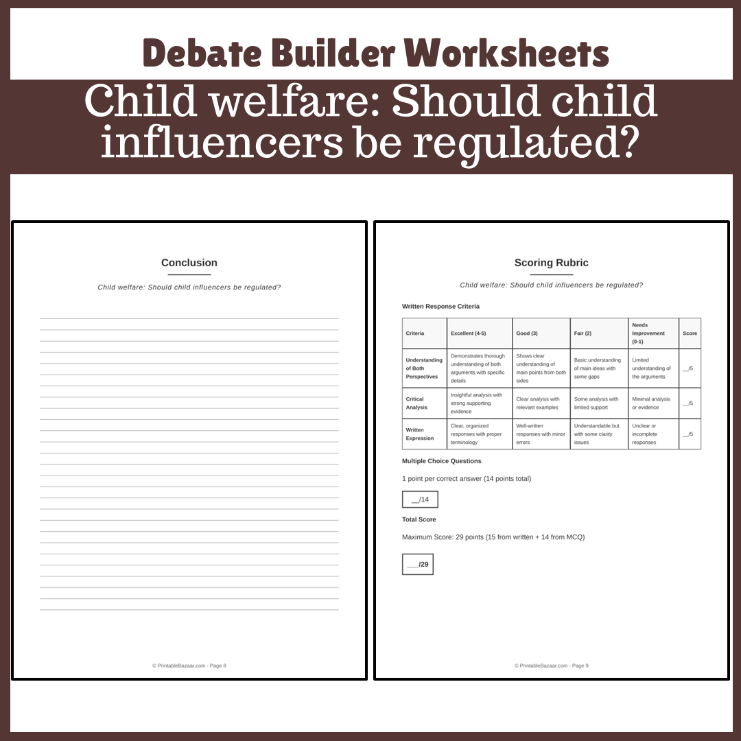 Child welfare: Should child influencers be regulated? | Favour and Against Worksheet Printable Activity