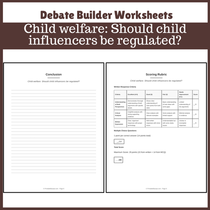 Child welfare: Should child influencers be regulated? | Favour and Against Worksheet Printable Activity