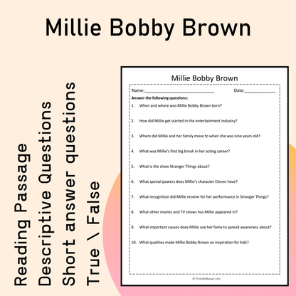 Millie Bobby Brown | Reading Comprehension Passage Printable Activity