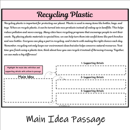 Recycling Plastic | Main Idea and Supporting Details Reading Passage and Questions