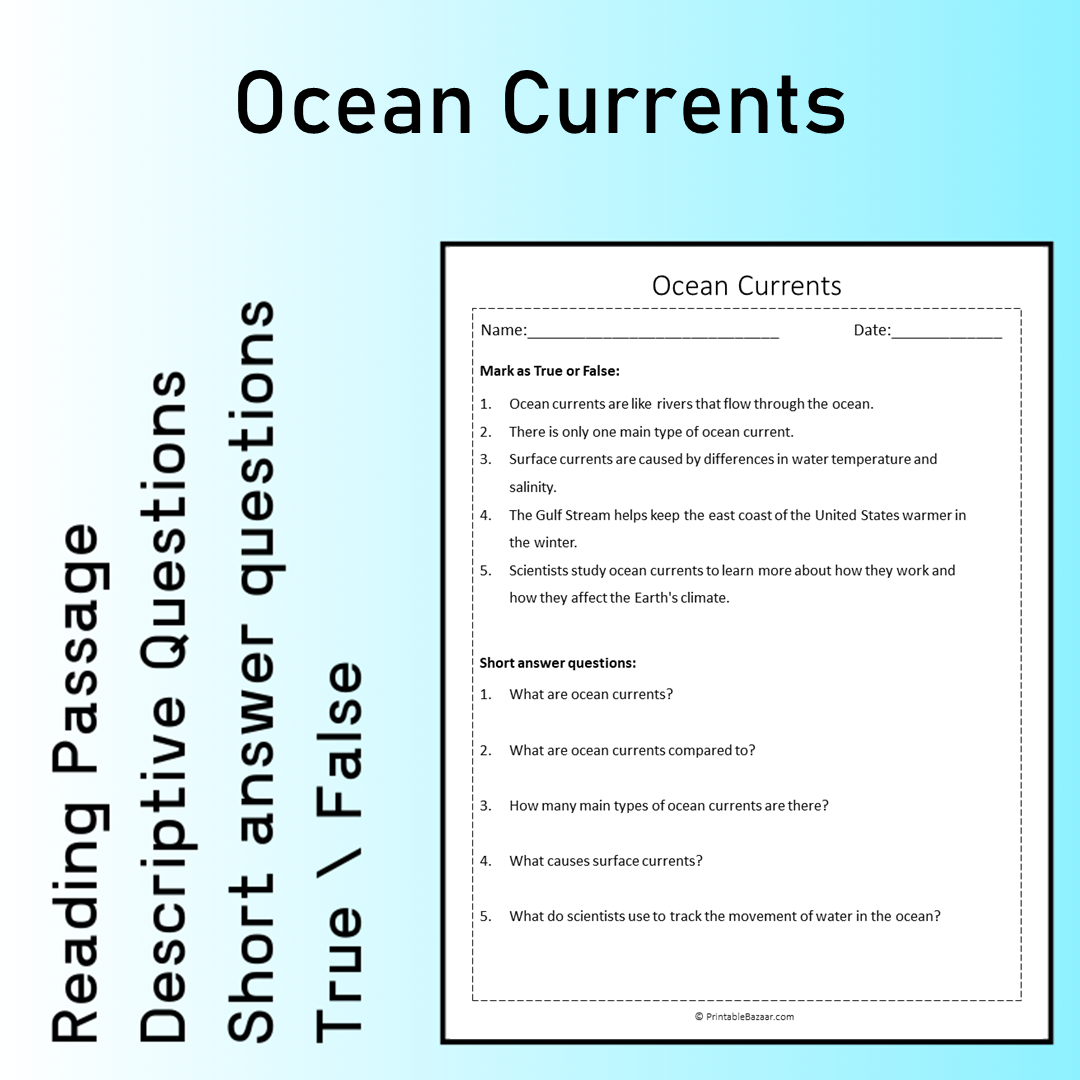 Ocean Currents | Reading Comprehension Passage Printable Worksheet