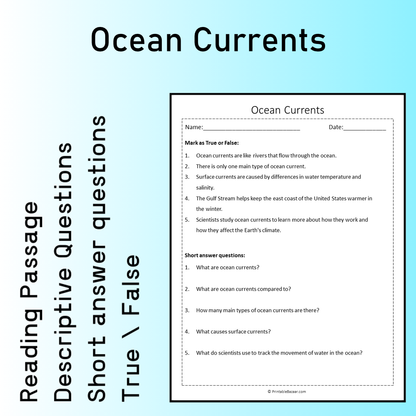 Ocean Currents | Reading Comprehension Passage Printable Worksheet