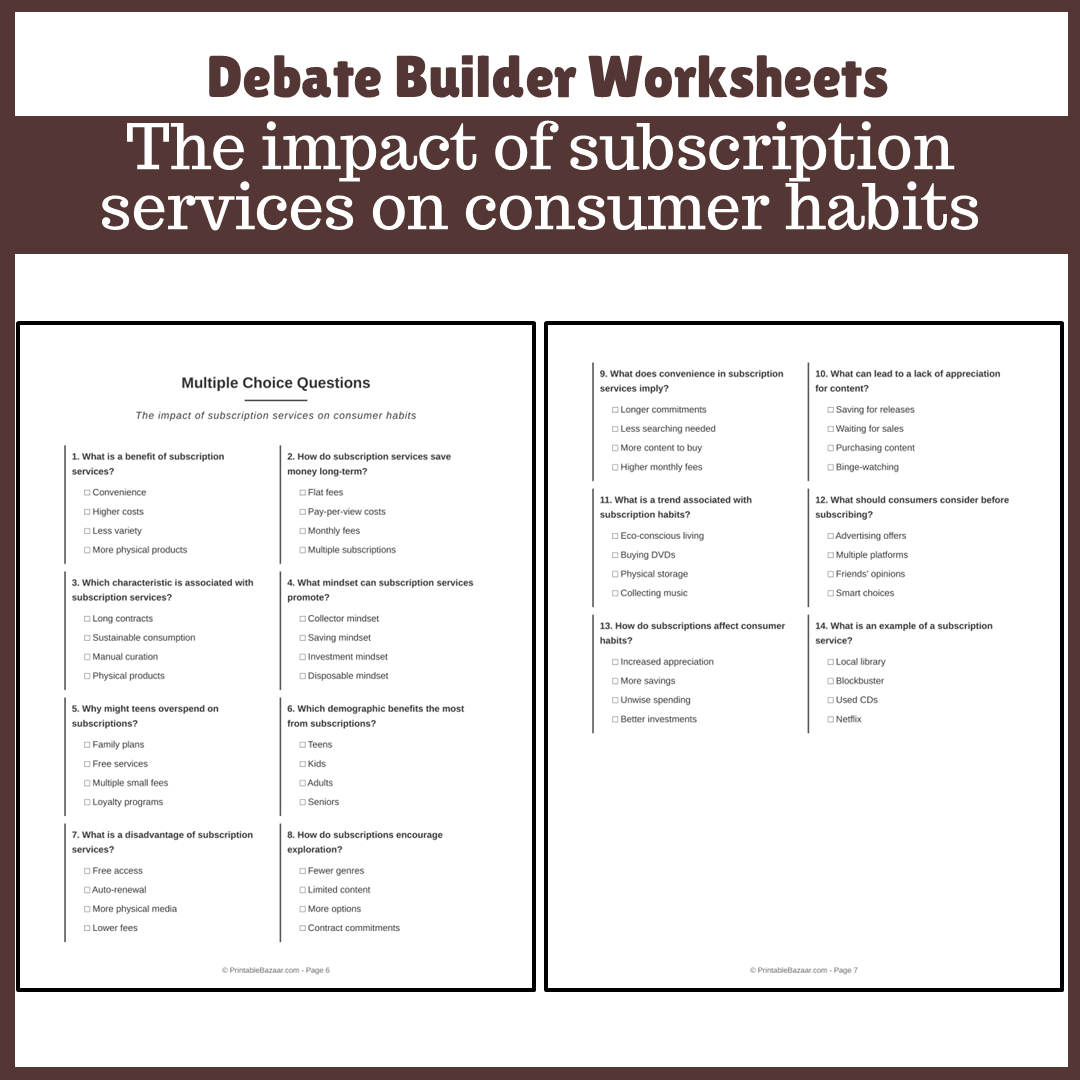 The impact of subscription services on consumer habits | Favour and Against Worksheet Printable Activity