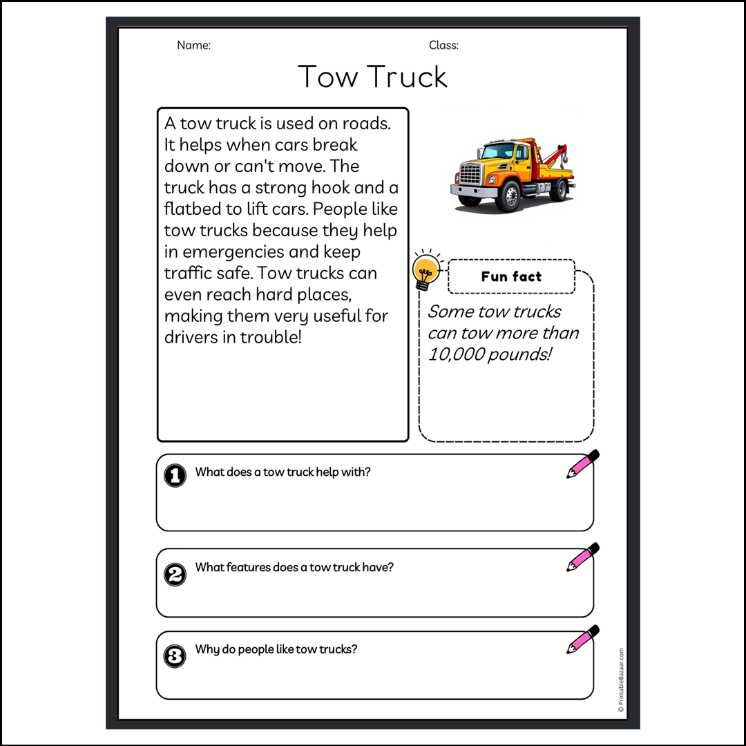 Tow Truck | Reading Passage Comprehension Questions Writing Facts Worksheet