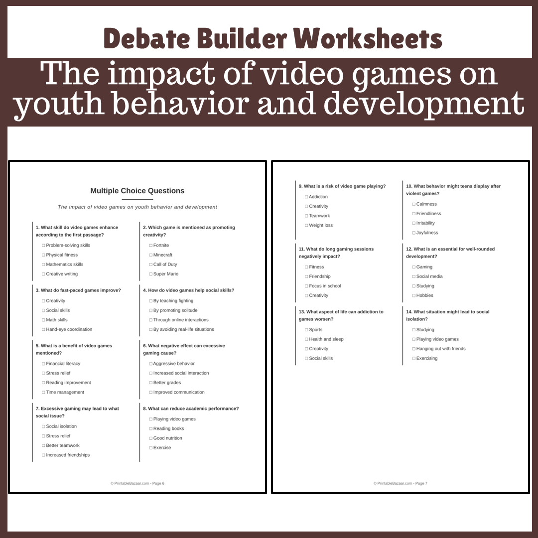 The impact of video games on youth behavior and development | Favour and Against Worksheet Printable Activity