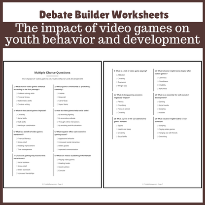 The impact of video games on youth behavior and development | Favour and Against Worksheet Printable Activity