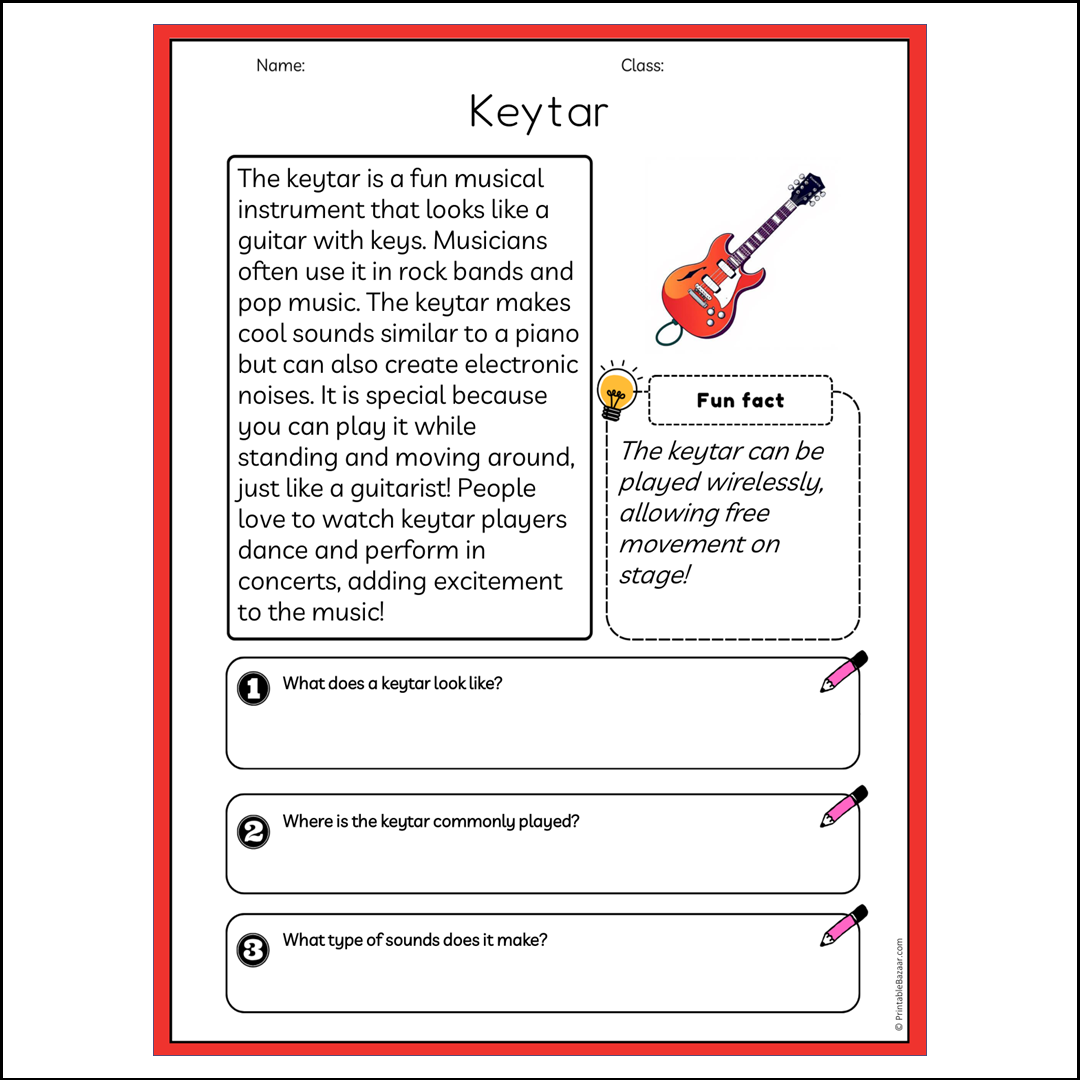 Keytar | Reading Passage Comprehension Questions Writing Facts Worksheet