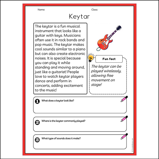 Keytar | Reading Passage Comprehension Questions Writing Facts Worksheet