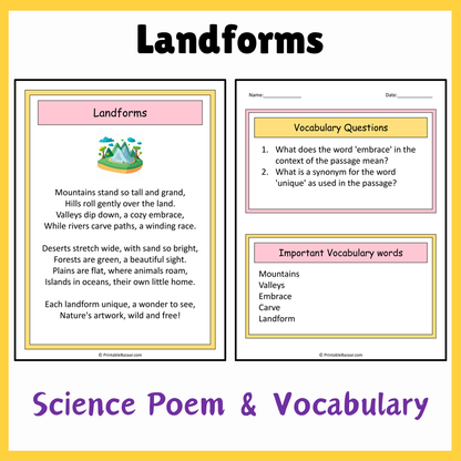 Landforms | Science Poem Reading Comprehension Activity