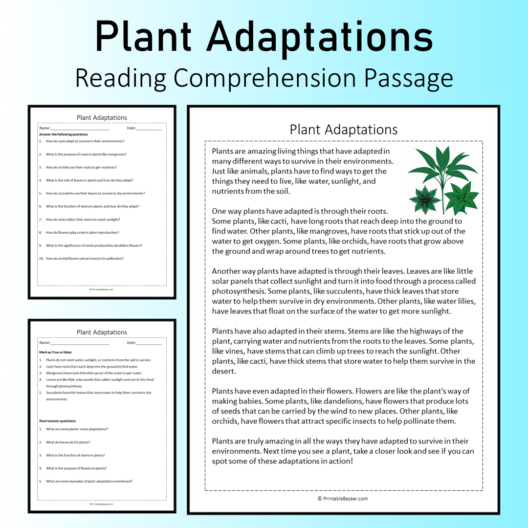 Plant Adaptations | Reading Comprehension Passage Printable Worksheet