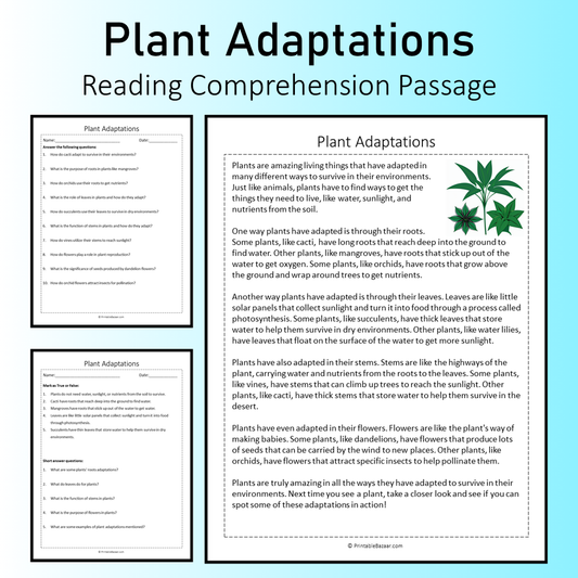 Plant Adaptations | Reading Comprehension Passage Printable Worksheet