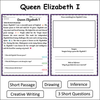 Queen Elizabeth I | Short Reading Comprehension Creative Worksheet