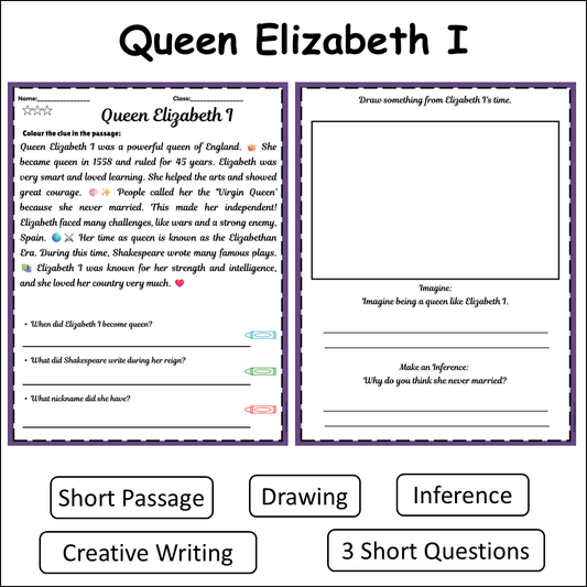 Queen Elizabeth I | Short Reading Comprehension Creative Worksheet