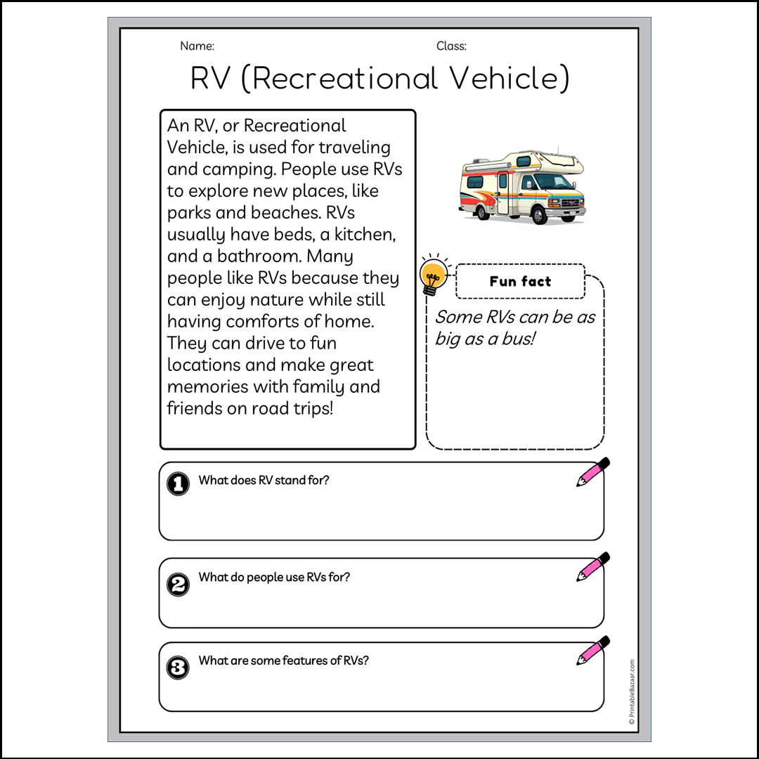 RV (Recreational Vehicle) | Reading Passage Comprehension Questions Writing Facts Worksheet