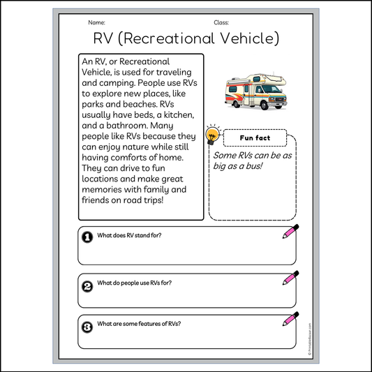 RV (Recreational Vehicle) | Reading Passage Comprehension Questions Writing Facts Worksheet