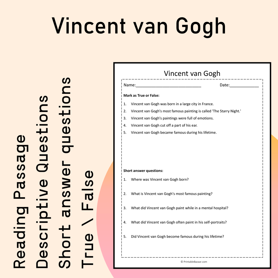 Vincent van Gogh | Reading Comprehension Passage Printable Activity