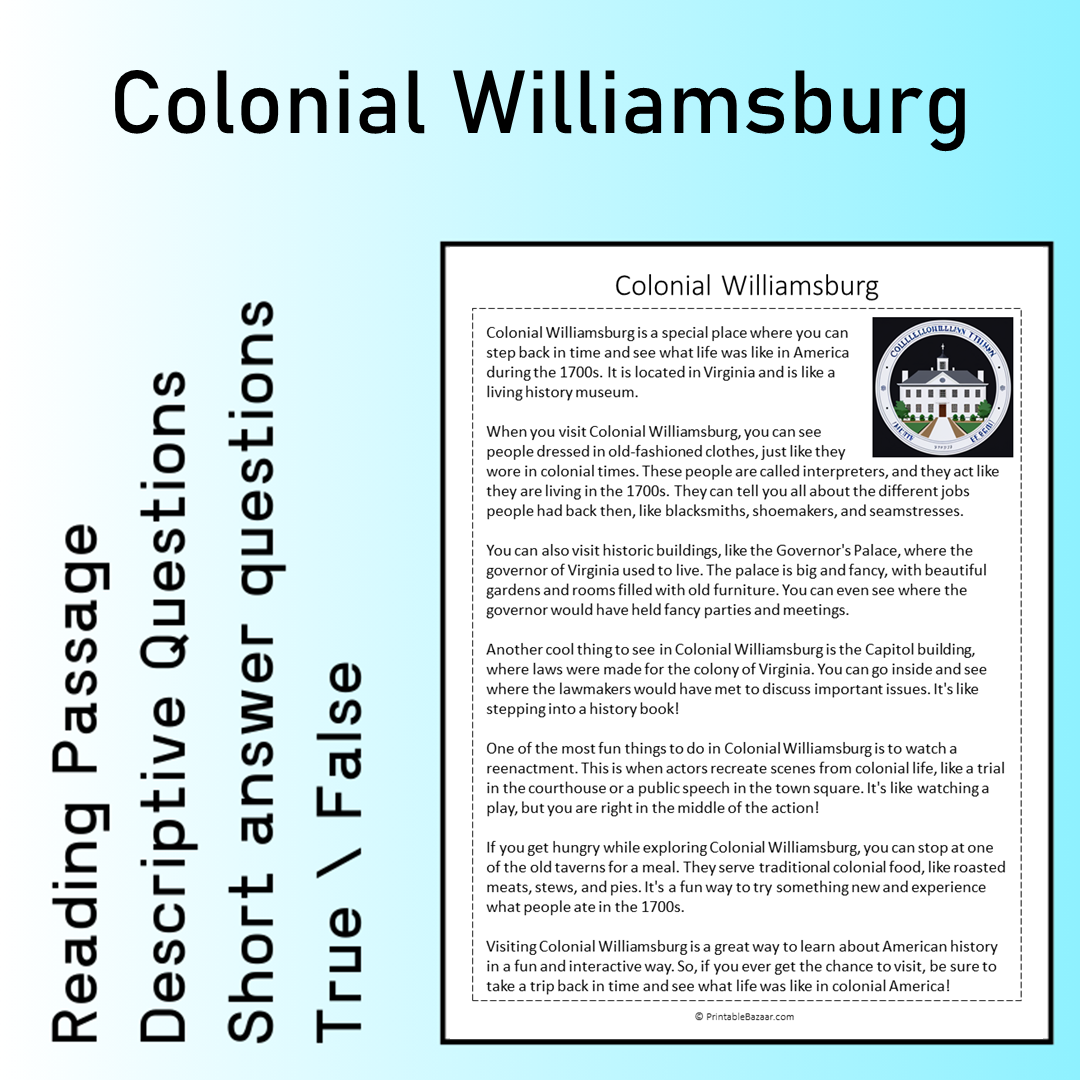 Colonial Williamsburg | Reading Comprehension Passage Printable Worksheet