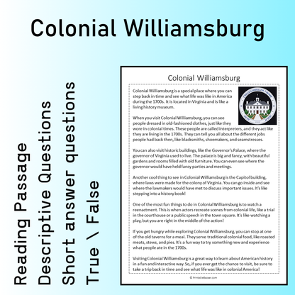 Colonial Williamsburg | Reading Comprehension Passage Printable Worksheet