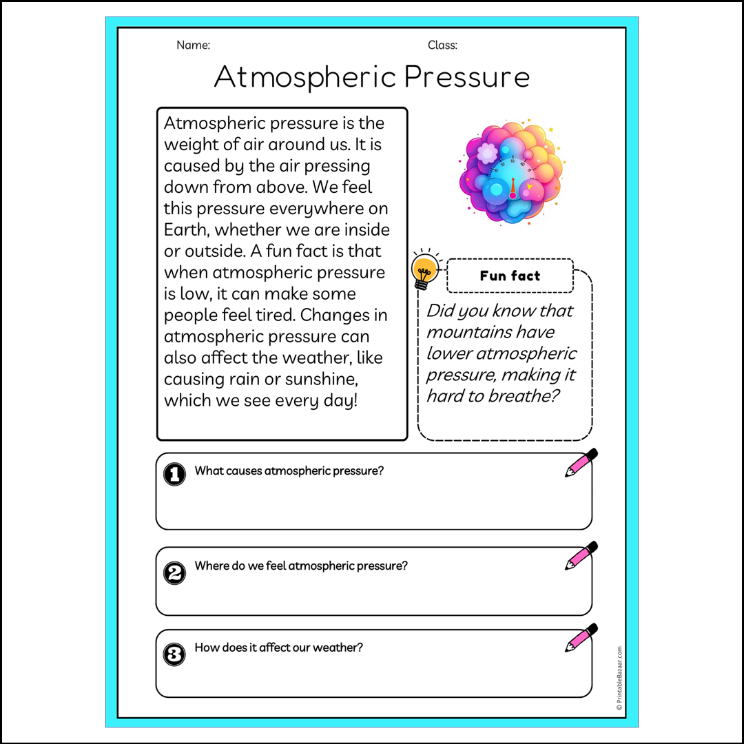 Atmospheric Pressure | Reading Passage Comprehension Questions Writing Facts Worksheet